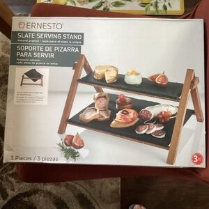Ernesto 3 pc Slate Serving Stand 2 Tier Slate Acacia Wood Frame New